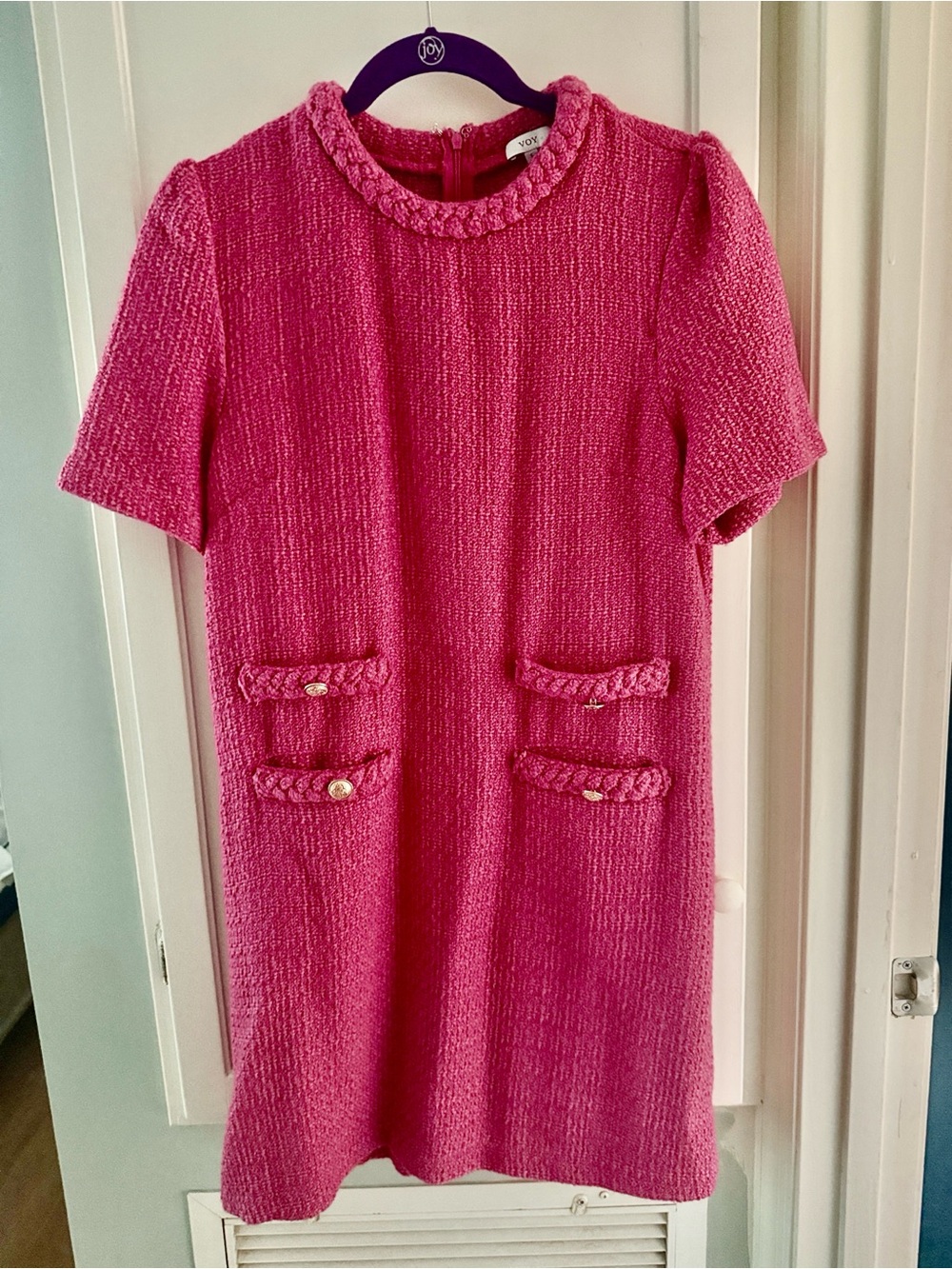 Woven Pink Mini Dress with Braid Trim